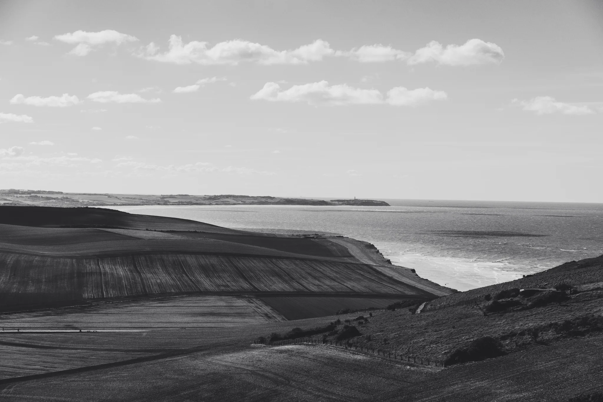 Rolling chalk downs falling to the sea and the coast beyond, black and white