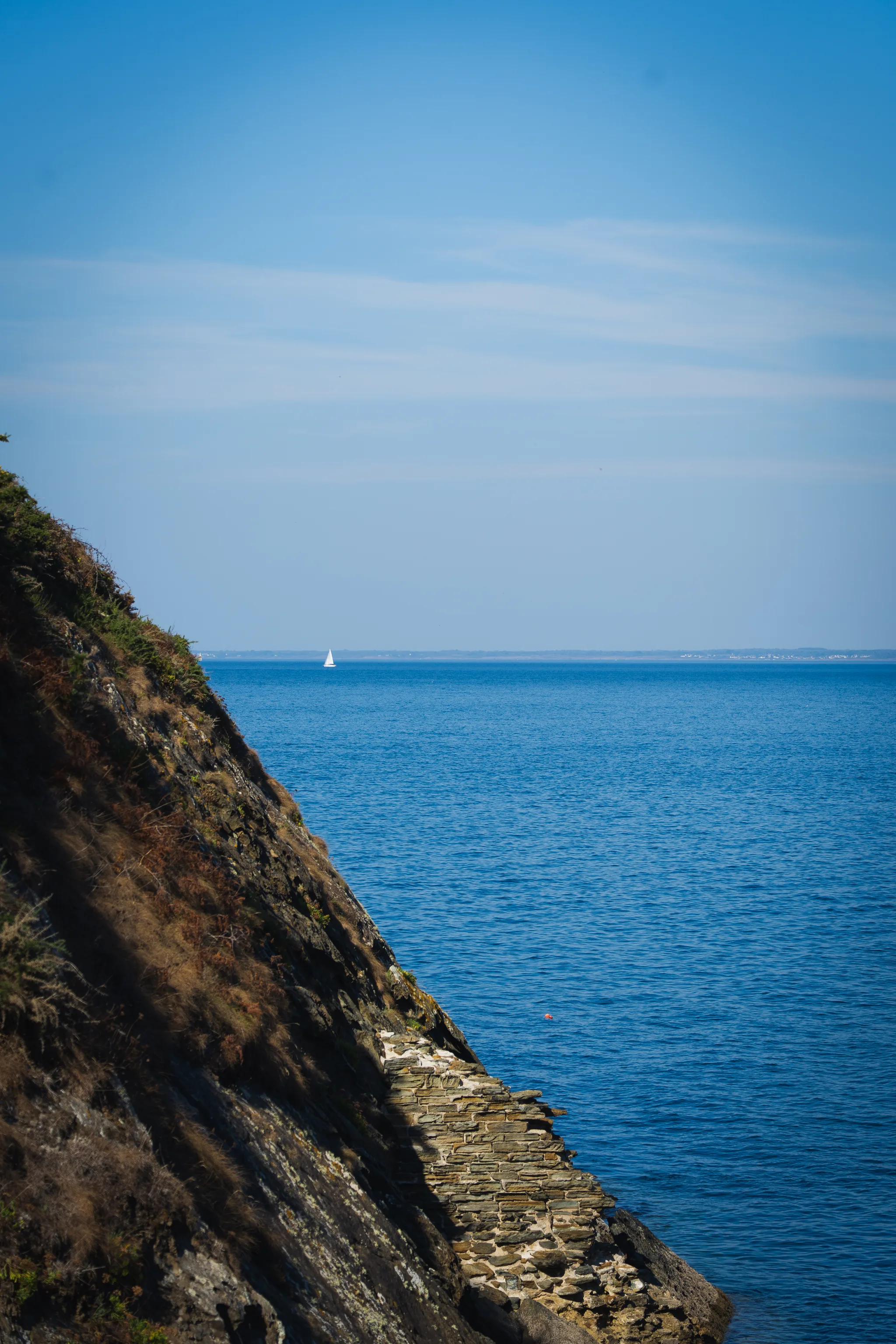 Steep wooded cliff edge over a blue sea with a tiny sailboat