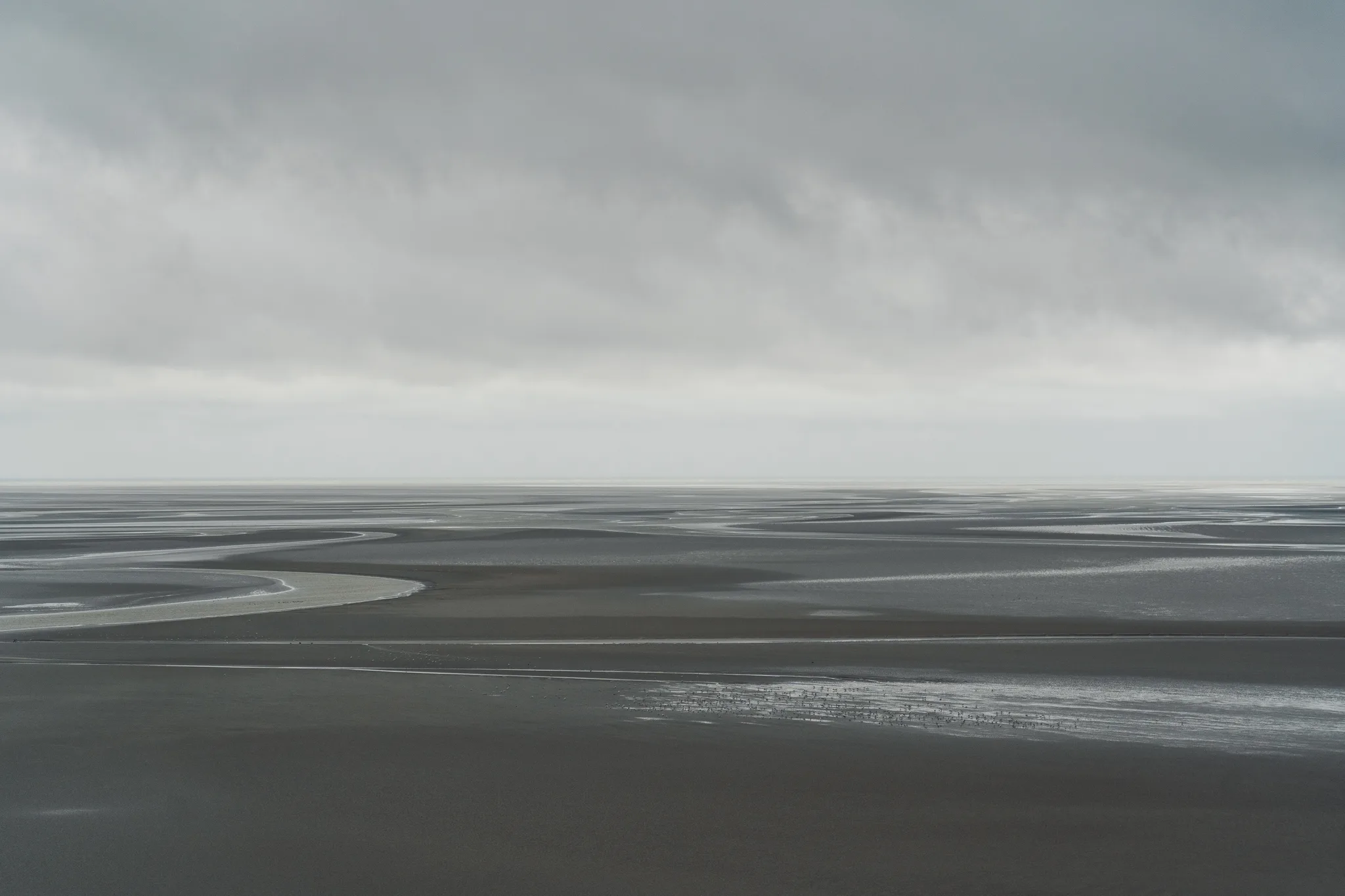 Wide grey tidal flats with shallow channels