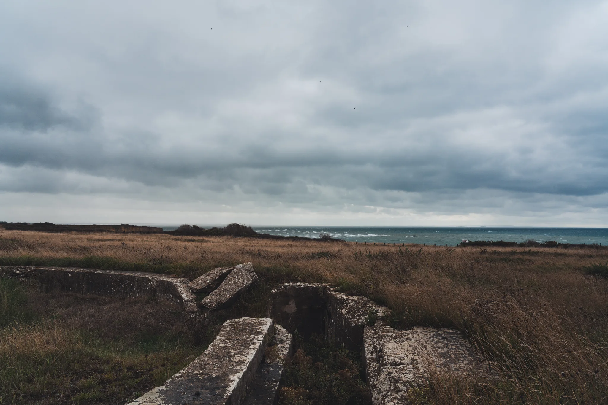 Collapsed concrete trenches in long grass above the sea